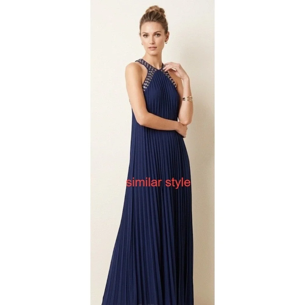 Michael Kors Womens Navy Blue Pleated Maxi Dress Gold Studded Halter Neck Size M